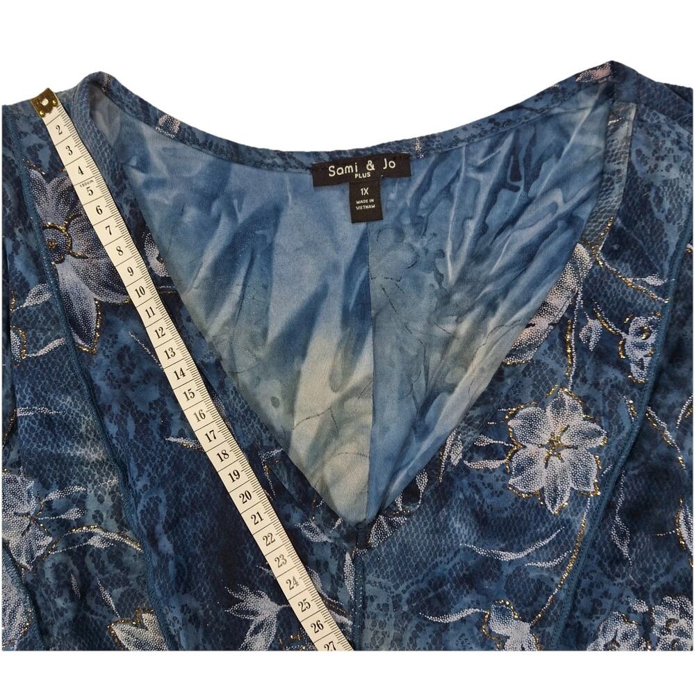 Sami & Jo Plus 1X Blue Floral VNeck Flare Sleeve ALine Dress Boho Stretch Casual - Picture 6 of 9